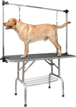 ROOMTEC 46 Inch Dog Grooming Table,Foldable Home Pet Bathing Station with Adjustable Height Arm/Noose/Mesh Tray